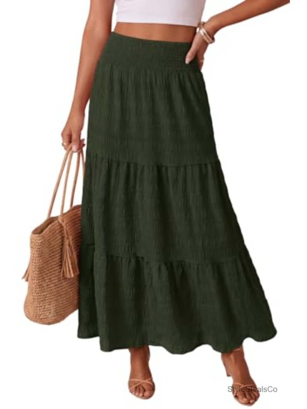 Boho Maxi Skirt Smocked Tiered A-Line Long Flowy Beach Vacation Skirt with